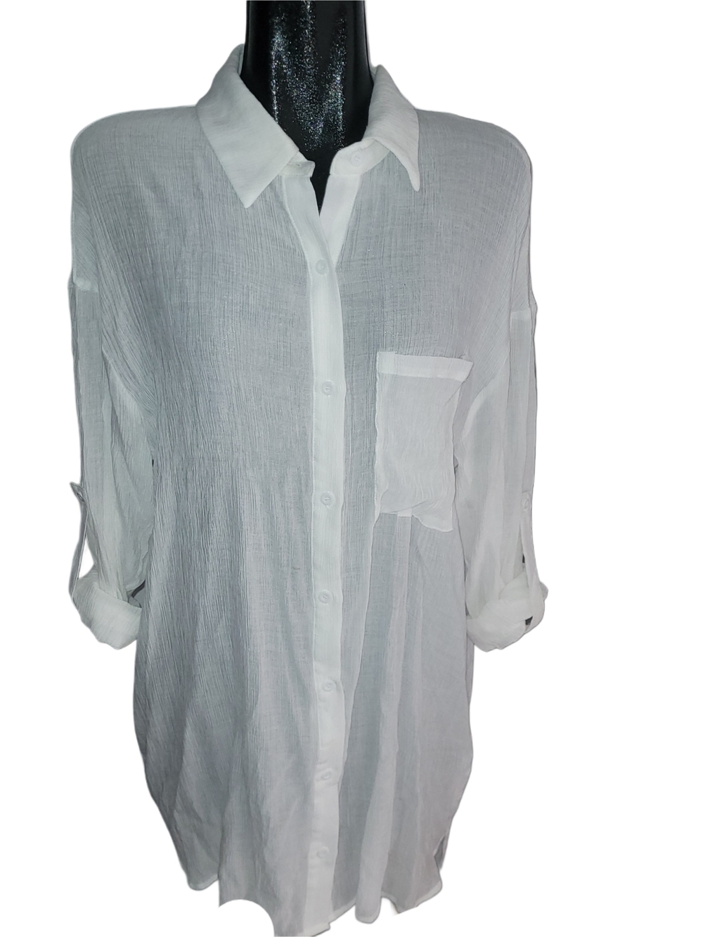 PrettyLittleThing White Semi-sheer Button-Up Beach Cover-Up Shirt Size 8